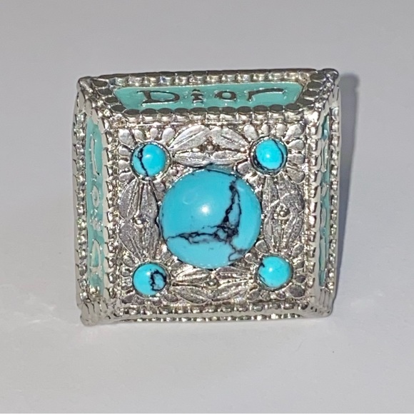 VTG Christian Dior Silver Metal Turquoise Gemstone Logo Nameplate Princess Ring - Picture 7 of 15